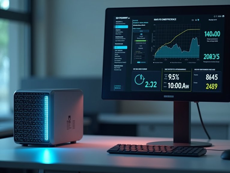 A realistic image of a sleek mini PC with glowing LED indicators showing low power consumption metrics, connected to an SSD drive. The setup displays energy efficiency graphs on a monitor, with visible cost savings calculations and extended usage timers. Modern office environment with clean lighting emphasizing the compact, power-efficient technology.