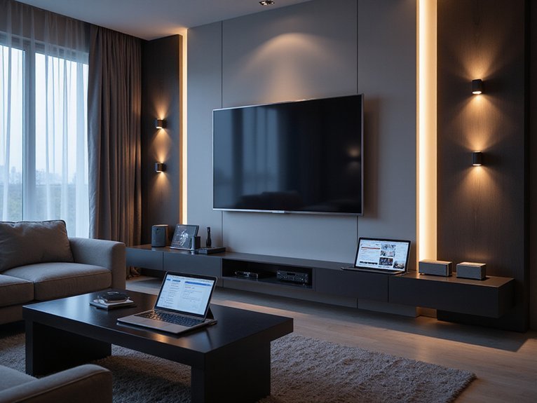 A realistic image of a modern living room featuring a sleek home theater setup with multiple smart devices seamlessly integrated - wall-mounted TV, wireless speakers, smart lighting panels, and a central control tablet on a coffee table. The room shows automated curtains, ambient lighting responding to entertainment content, and various connected devices displaying synchronized information in a luxurious, tech-forward environment. 