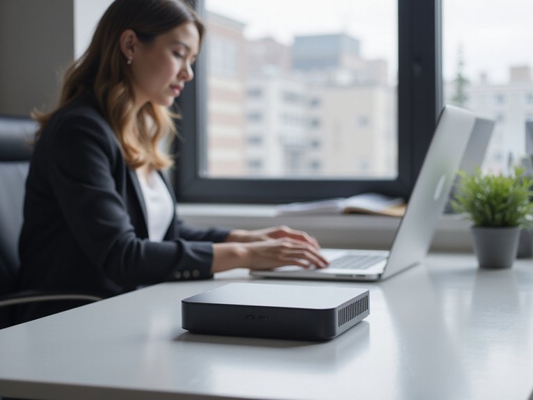 A realistic image of a modern office workspace featuring a compact mini PC with an SSD drive positioned quietly on a clean desk. The scene shows a professional working peacefully without distraction, emphasizing the silent operation. Soft lighting highlights the sleek technology while maintaining a serene, productive atmosphere.