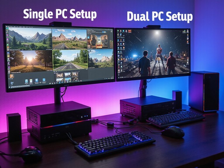 A realistic image showing a side-by-side comparison of streaming setups: left side displays a single mini PC with multiple monitors showing both gaming and streaming software simultaneously, right side shows two separate mini PCs with dedicated functions - one for gaming, one for streaming. Clean desk setup with cables connecting the systems, RGB lighting, and professional streaming equipment.