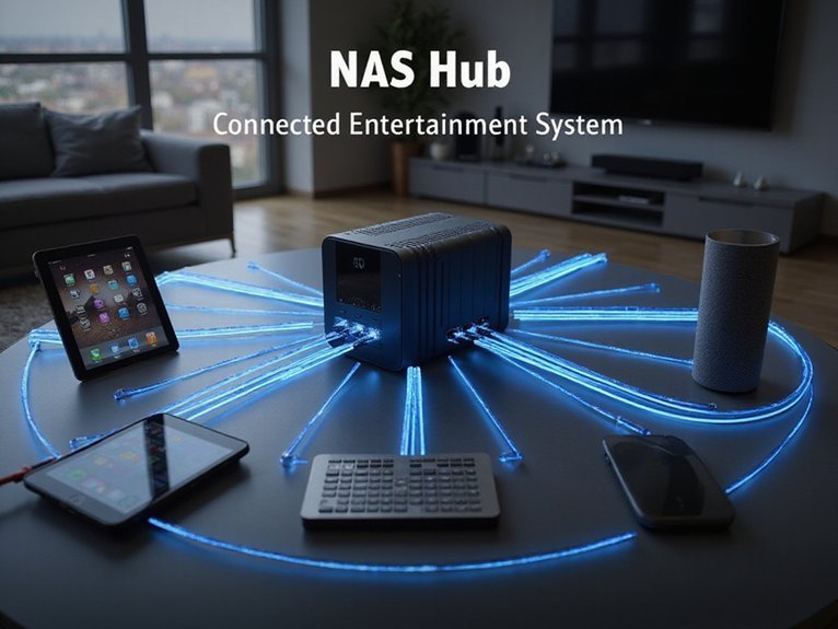 A realistic image showing a modern smart home setup with a sleek NAS device at the center, connected via glowing network cables to various smart devices including a smart TV, tablet, smartphone, and smart speaker. The scene depicts seamless data flow with subtle light trails representing wireless connectivity throughout an elegant living room. 