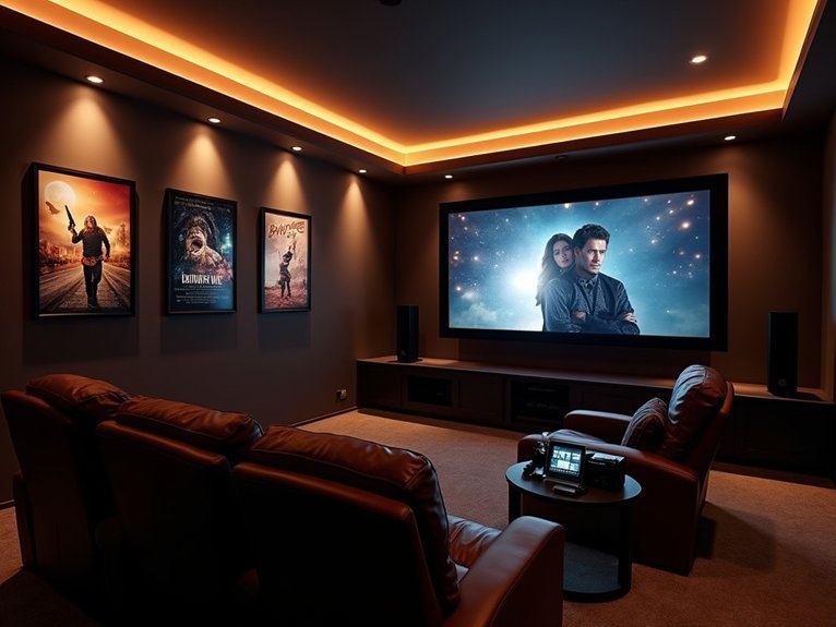 A realistic image of a modern home theater with smart lighting system creating the perfect ambiance. Recessed LED lights with warm dimmed glow, illuminated movie posters on walls, comfortable leather seating, large screen displaying movie, and smart light control panel visible on side table. Professional cinematic atmosphere with automated lighting zones.