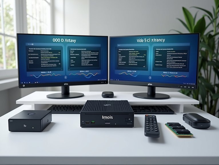 A realistic image showing a modern mini PC setup with multiple monitors displaying different streaming quality options. The scene includes various hardware components like RAM modules, processors, and storage devices arranged on a clean desk. Charts and specifications are visible on screens showing 720p, 1080p, and 4K streaming requirements for Plex media server optimization. 