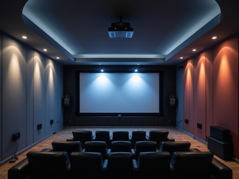 A realistic image showing a modern home theater with three distinct lighting zones: ambient ceiling lights providing soft general illumination, task lighting focused on seating areas, and dramatic accent lights highlighting wall features and screen area. Professional color temperature gradients demonstrate smart lighting control capabilities.