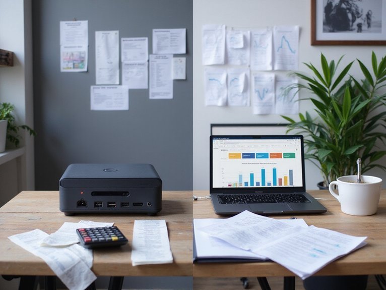A realistic image showing a split-screen comparison of a compact mini PC on the left side and a gaming laptop on the right side, both positioned on a modern desk with calculator, receipts, and financial documents scattered around them. Charts and graphs displaying cost analysis data are visible in the background, emphasizing the financial evaluation aspect.