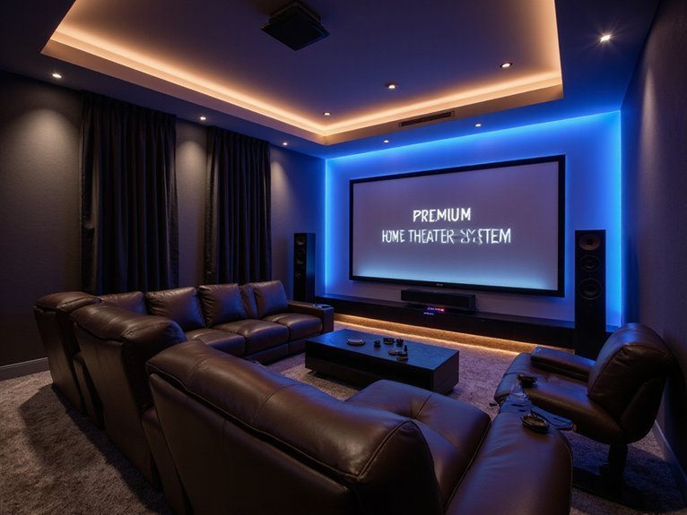 A realistic image of a modern living room transformed into a luxurious home theater with a massive wall-mounted screen, surround sound speakers, plush leather recliners with cup holders, ambient LED lighting strips, and a sleek entertainment console. The room features dark walls, blackout curtains, and professional-grade audio equipment creating the ultimate home theater experience. 