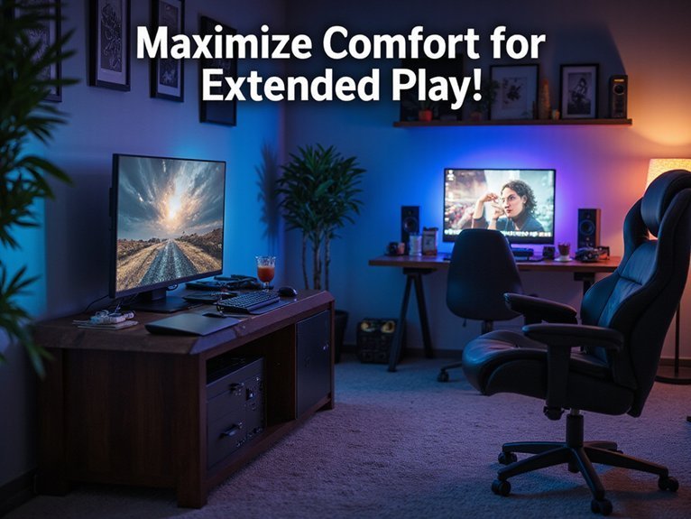 A realistic image of a sleek mini PC setup optimized for long gaming sessions, featuring ergonomic furniture, ambient lighting, and snacks